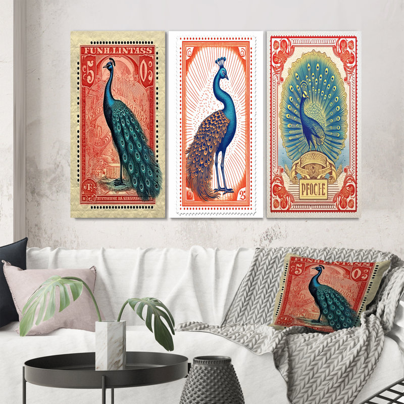 «Stamp Illustration Of Glorious Peacock», 3 pièces sur toile, Cadre blanc, H 32 po x l 48 po
