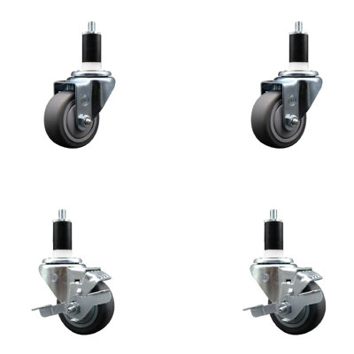 Thermoplastic Rubber Wheel Swivel Expanding Stem Caster Set 2 Brakes SCC TLB 3" x 1-3/8"