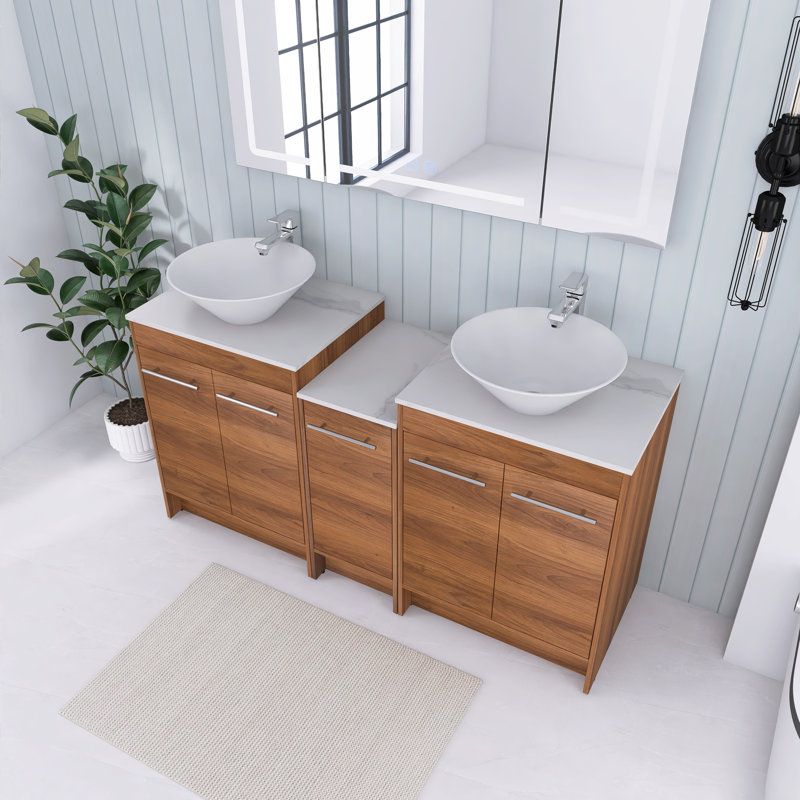 Meuble-lavabo double 58,89 po avec plateau en céramique Inshaal