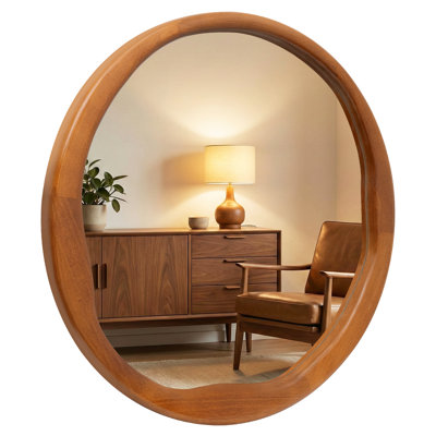 Miroir mural rond encadré en bois massif, miroir décoratif pour salle de bain