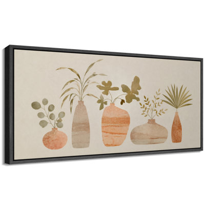 Composition florale minimaliste et neutre en vase - Grande toile encadrée, impression d'art mural pour chambre principale