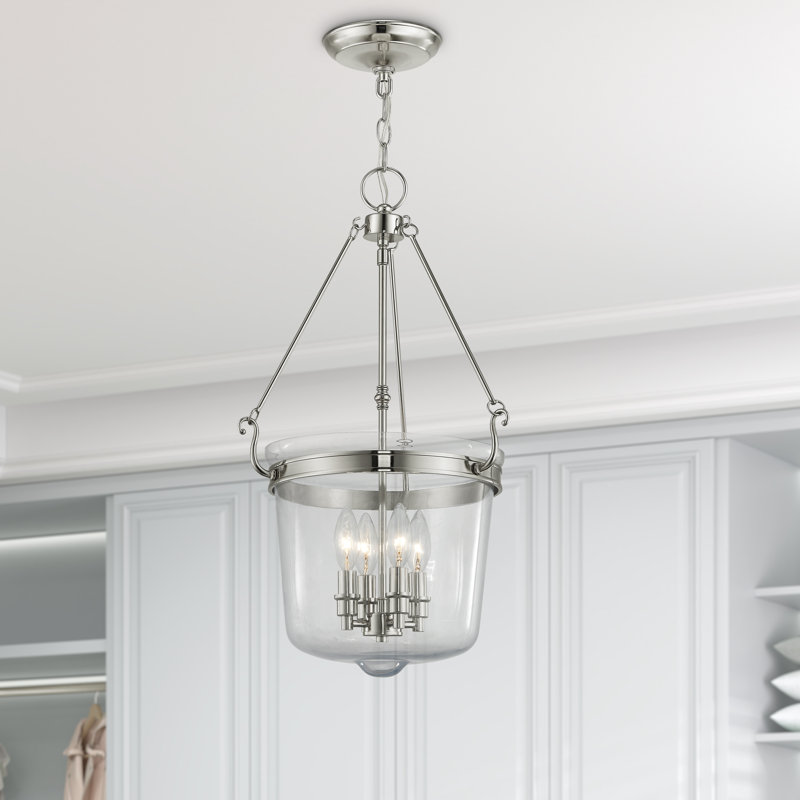 Polished Nickel 4-Light Hand-Crafted Clear Glass Jar Pendant