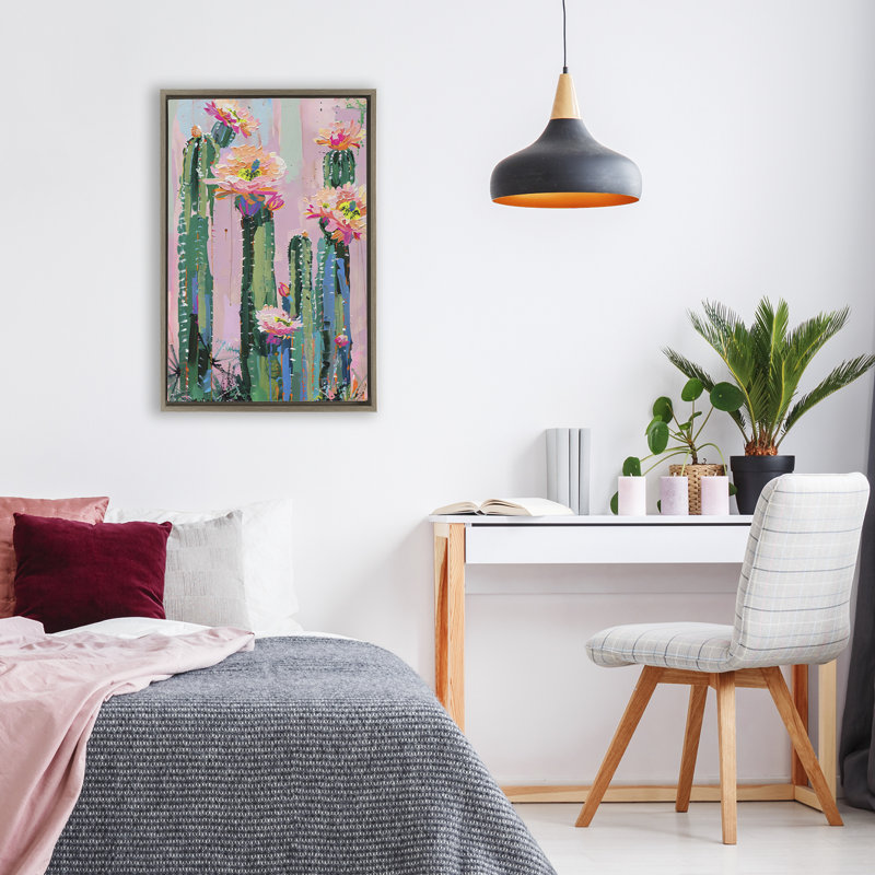 Fleurs vibrantes de cactus sur cadre flottant rose, design par LSR Design Studio, H 25 po x l 17 po