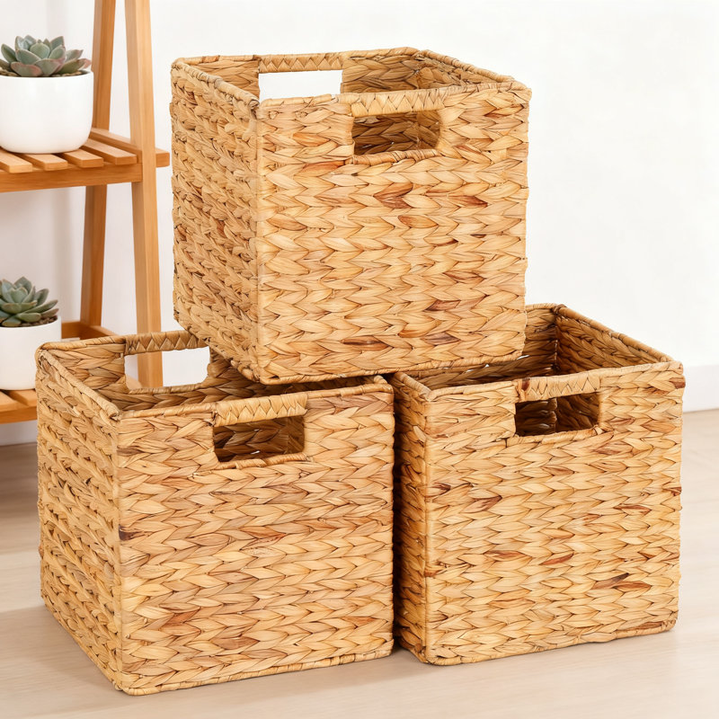 Natural Water Hyacinth Storage Baskets Set Of 3, Handwoven Woven Wicker Bins With Handles For Home Organization, Cube Baskets For Shelves