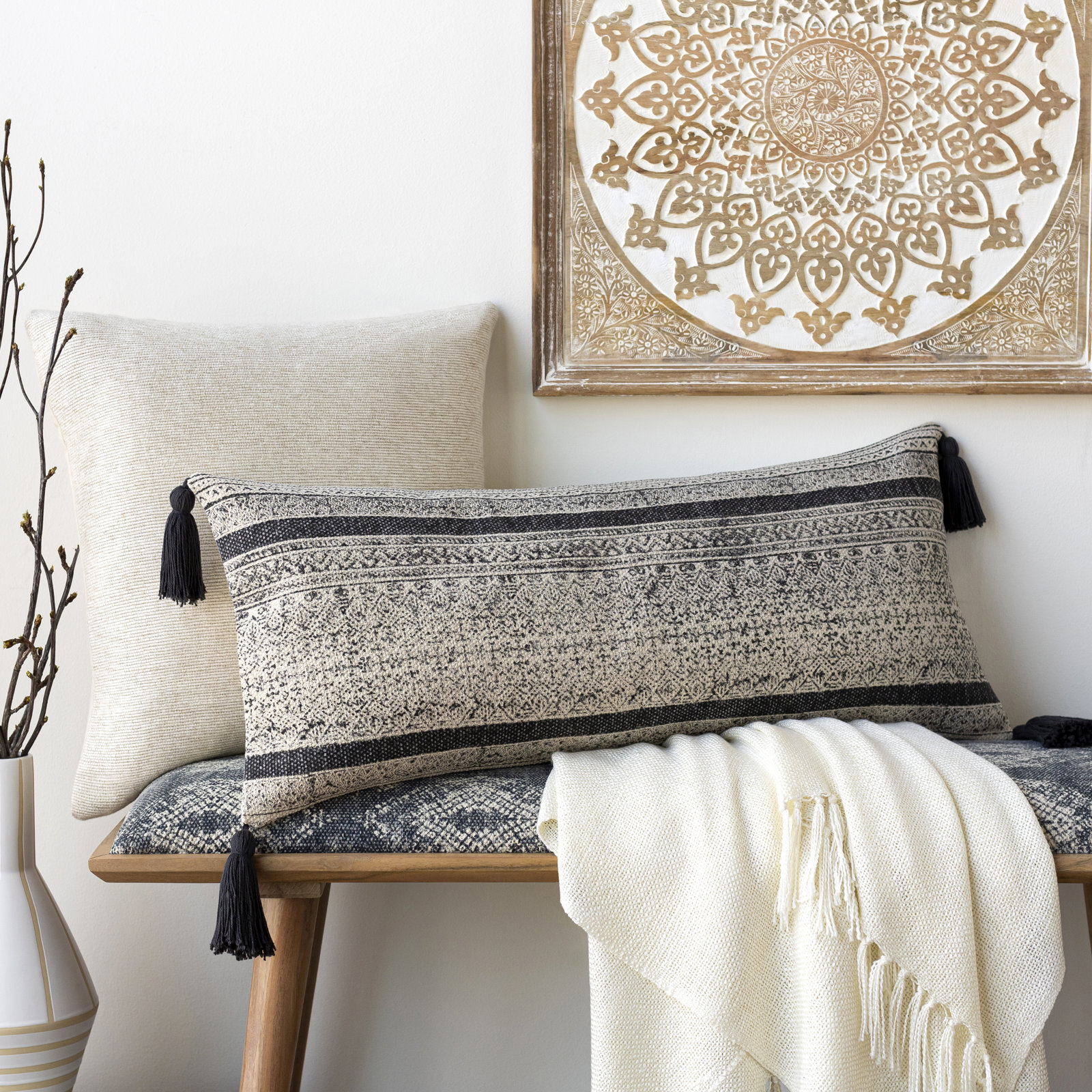 Zetta Tassels Cotton Lumbar Throw Pillow, Pillow Cover Only - No Insert, Beige/Black