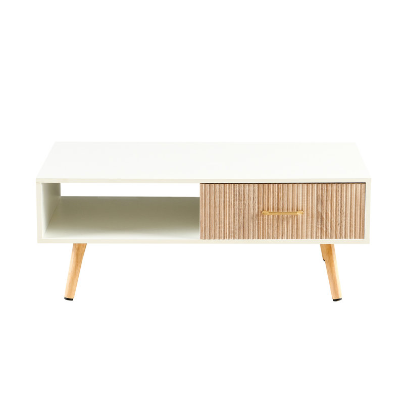 Table basse de salon blanc avec pieds en bois massif et tiroir coulissant pour télécommandes, rangement pour magazines, L 41,92 po x l 21,4 po H 16,05 po, structure, surface concave - convexe, stable