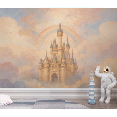 Fairytale Castle in the Clouds Wallpaper, Pastel Watercolor Castle Art, Dreamy Princess Wall Art, Rainbow Castle, Whimsical Nursery Decor