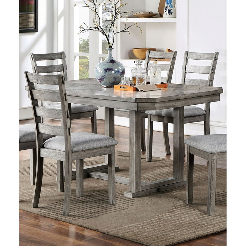 Table de salle à manger rustique de couleur grise, grain de bois diamant, finition brossée, base en tréteaux, siège pour 6 personnes 6 brossées, style rectangulaire