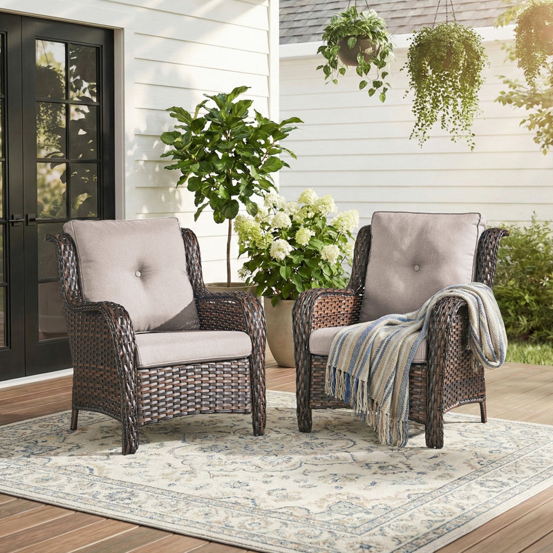 Ensemble de 2 chaises de patio en osier avec dossier haut, siège en rotin PE toutes saisons pour terrasse, Beige, Brun