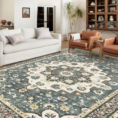 Washable Oriental Hallway Rug - Rugs for Living Room Soft Carpet for Bedroom Kitchen Waterproof Floral Distressed Indoor Stain Resistant Non-Shedding Floor Carpets (Blue)