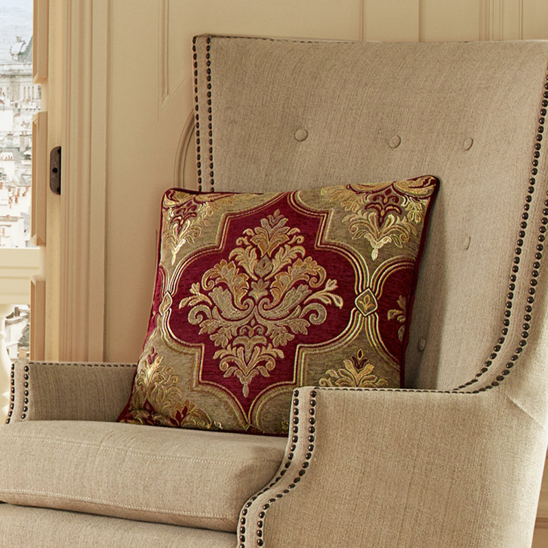 Matilda 20" Red and Gold Embroidered Square Throw Pillow