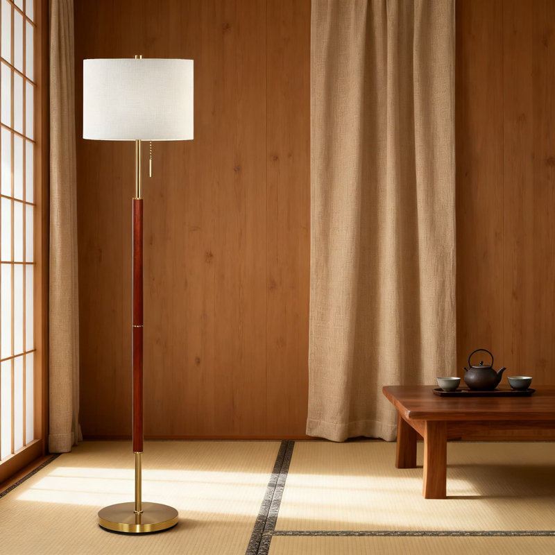 Mid Century Modern Floor Lamp With Linen Shade, 62.5 Inch 3-Way Dimmable Standing Lamp For Living Room And Bedroom, Solid Wood And Brushed Brass Design, LED Bulb Included