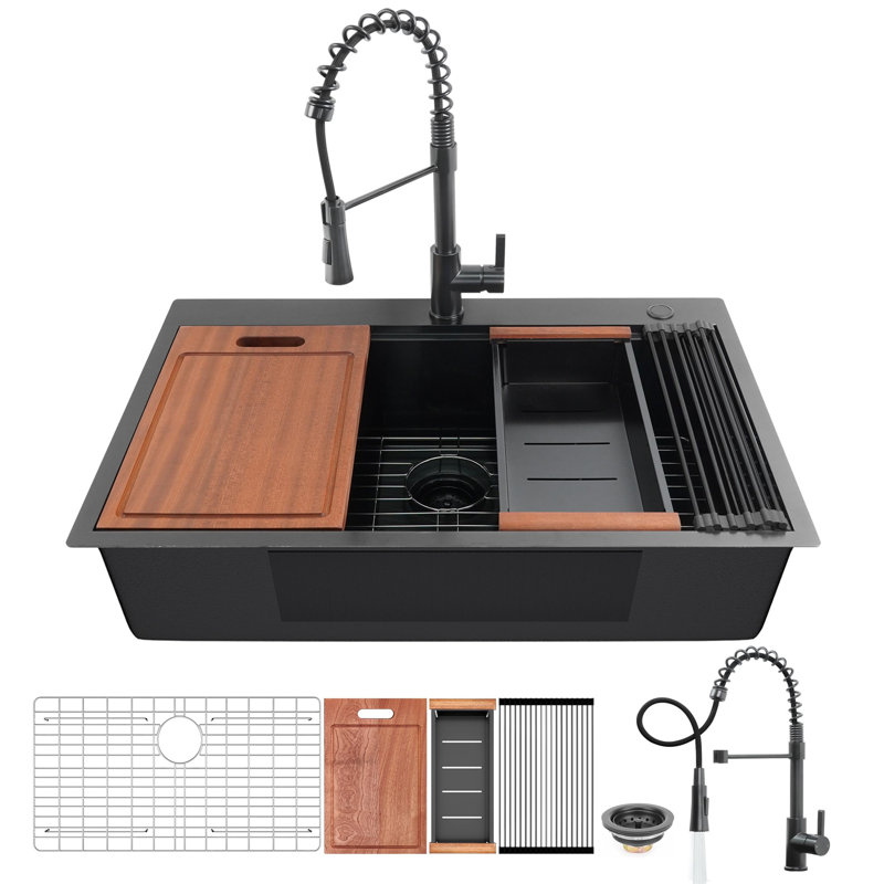 Évier de cuisine encastré noir 33 po avec robinet escamotable 33 po