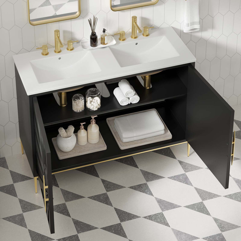 Awaken 48" Black and White Double Sink Bathroom Vanity with Gold Accents