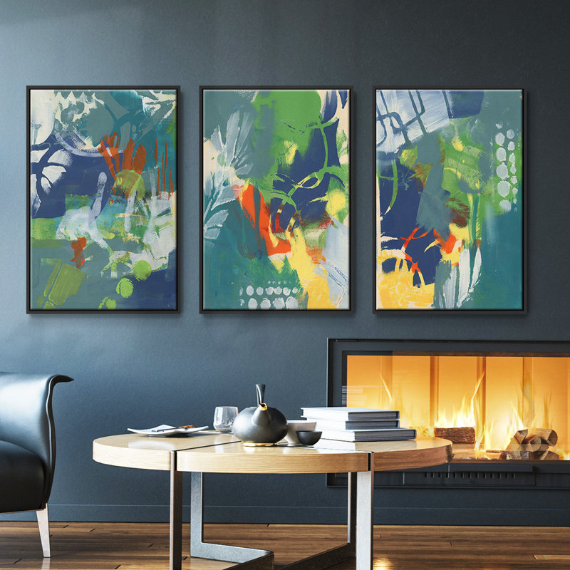 Ensemble de 3 graphiques tropicaux encadrés sur toile I, H 27 po x l 54 po, Noir