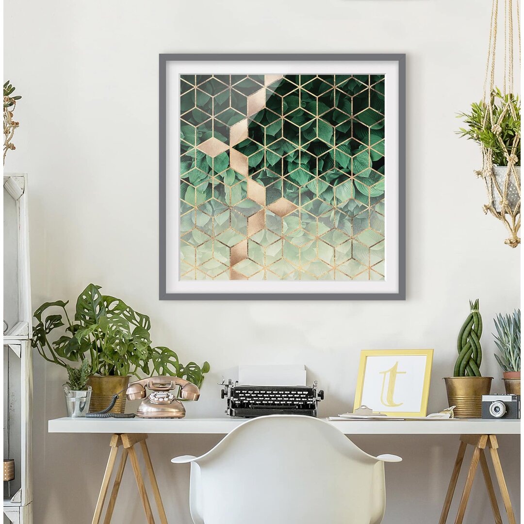 Gerahmtes Poster Green Leaves Golden Geometry