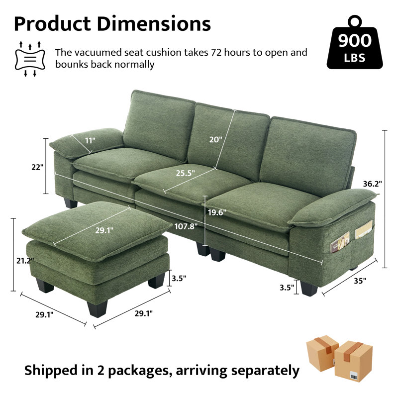 107.8" Upholstered L-Shaped Modular Sectional Sofa, 4-Seater Comfy Cloud Couch for Living Room, Green