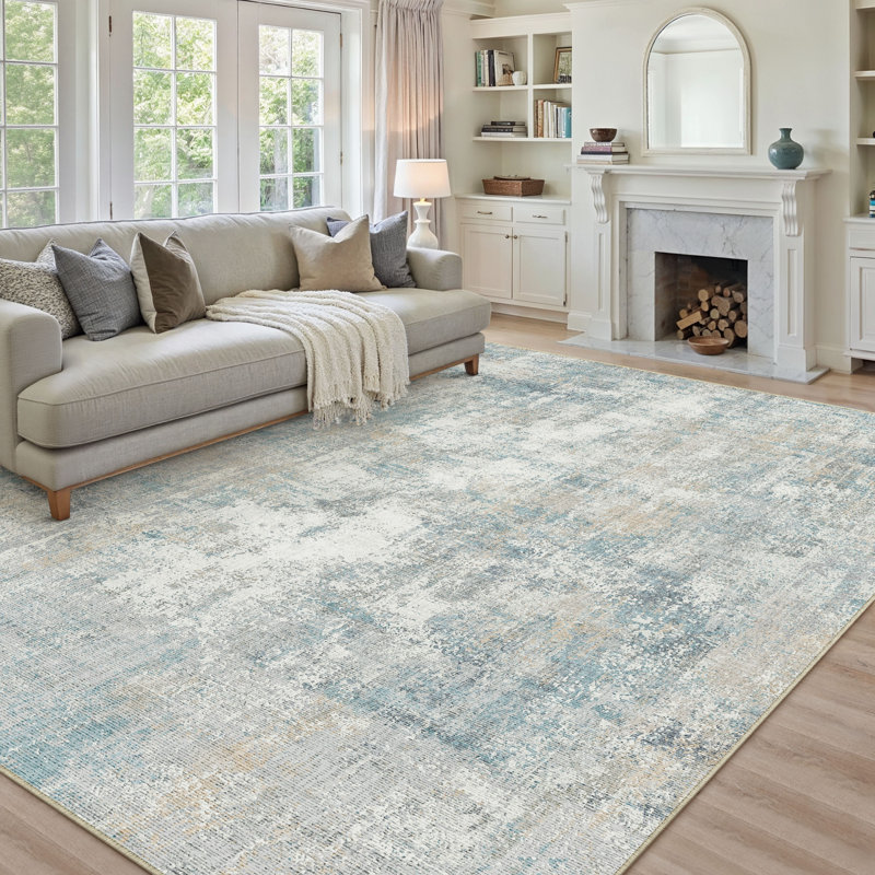 Tapis moderne lavable abstrait bleu, Bleu, Rectangle 9 pi x 12 pi