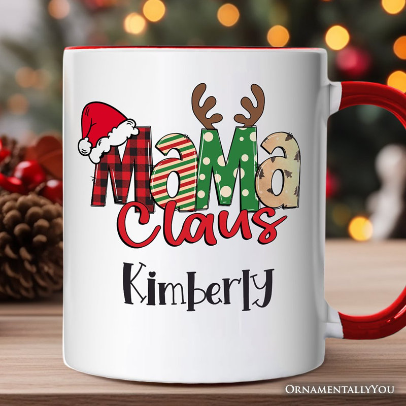 Tasse de Noël rétro Mama Claus, cadeau de fête de famille assorti avec nom personnalisé