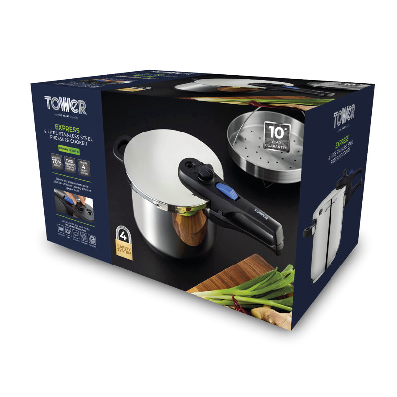Tower T920004S4L Express Pressure Cooker with Bakelite Lid Lock System, Visual Pressure Indicator, 4 Litre, Stainless Steel