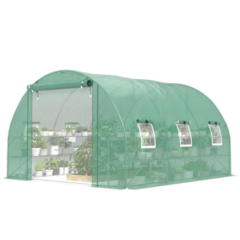 Serre Green Walk-in Tunnel, salle de plantation en PE avec structure en acier galvanisé, tablettes intérieures et évents en filet, capacité de charge de 110 lb par niveau
