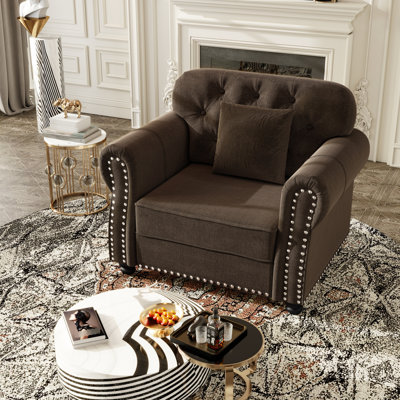 Velours tapissier simple de 41,3 po, brun, style moderne Mid-Century, garniture cloutée, roulé, bouton, cadre, rembourrage à ressorts et éponge brun