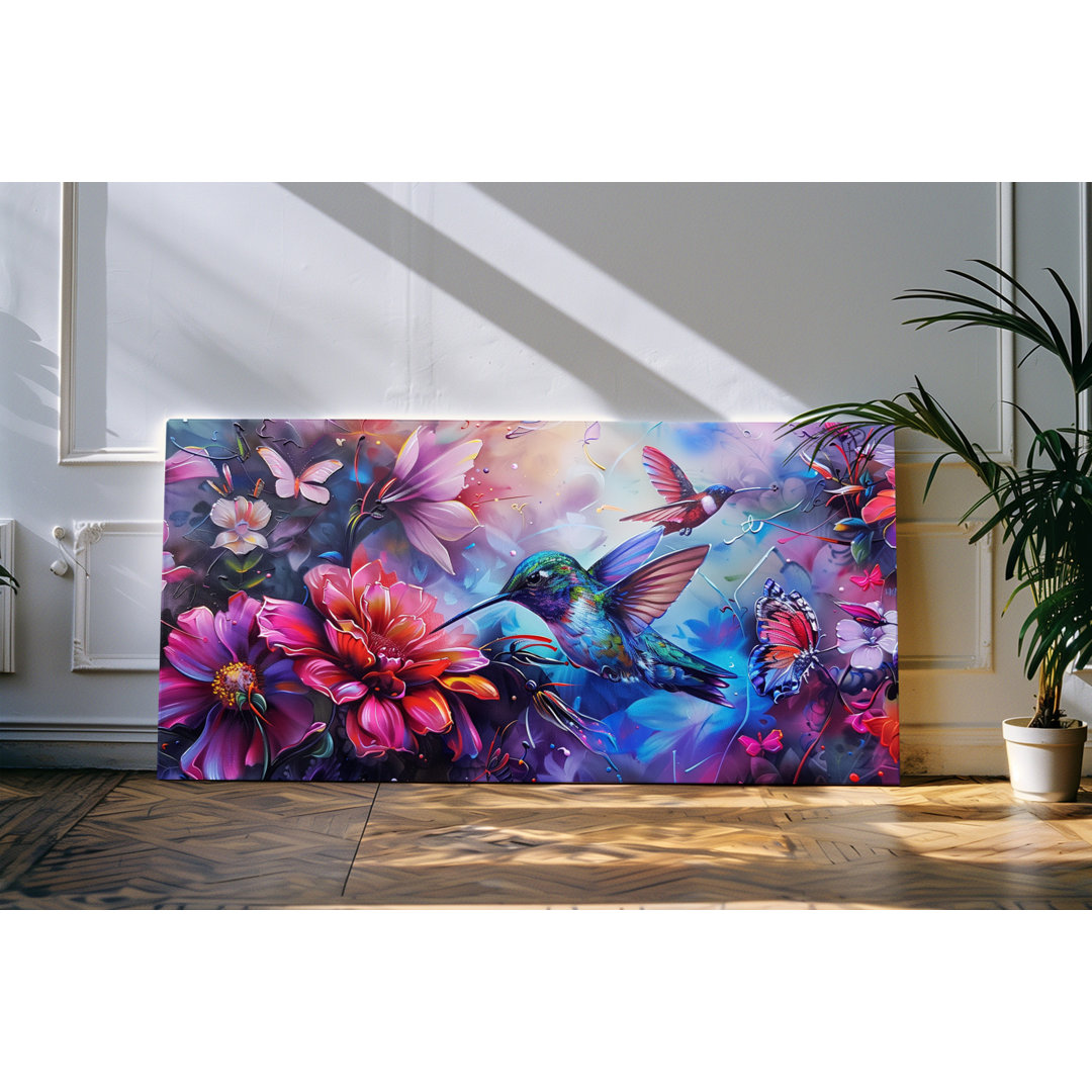 Wandbild 120x60cm Kolibri Schmetterlinge Blumen Exotisch Blau Kunstvoll