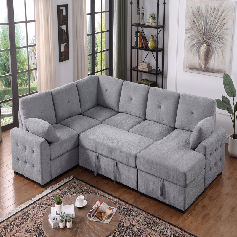 Canapé d'angle multi-fonctionnel en forme de L avec rangement et lit convertible, Chenille gris pâle