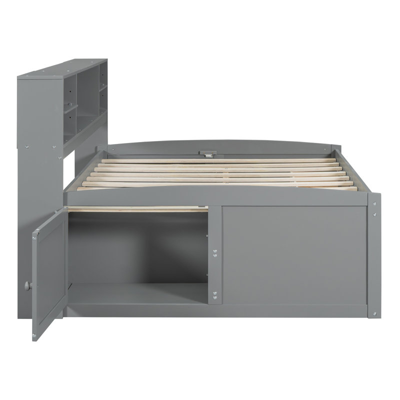 Full Size Wood Daybed with 2 Bedside Cabinets, Upper Shelves & 4 Storage Drawers, Gray, Gray