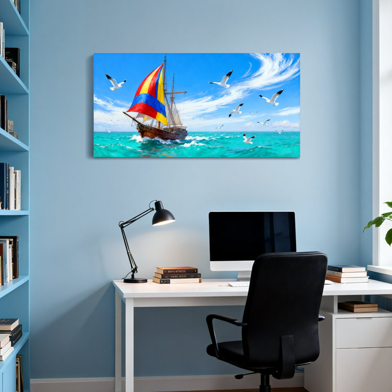 Voilier nautique et de plage avec voile colorée et mouettes, H 20 po x l 40 po