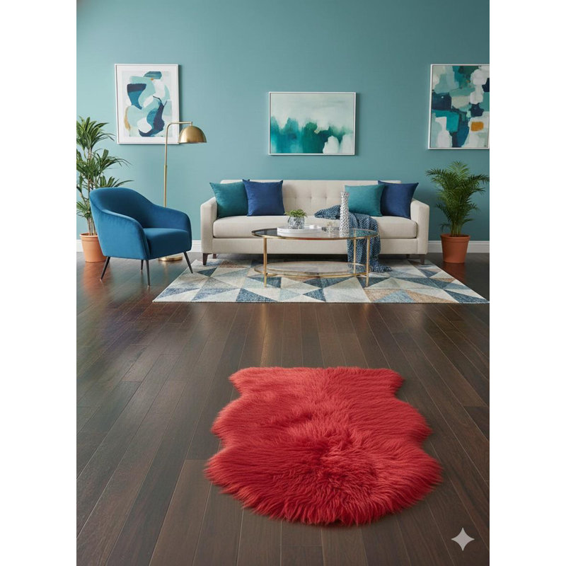 Solid Colour Faux Fur 60cm X 90cm Area Rug, Red