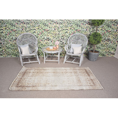 Vintage Turkish Anatolian Beige Accent Rug Ideal for Entryway with Faded Oushak Design