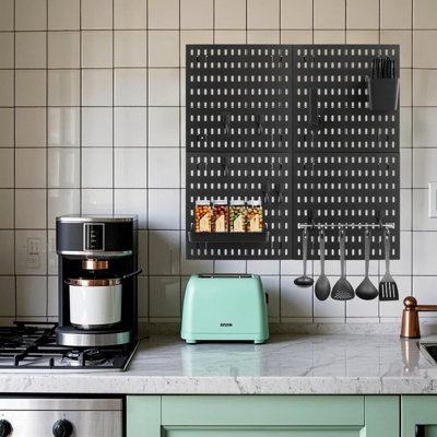 4 PCS Peg Boards for Walls, Wall Pegboard Organiser Kit with 4 Tiles 30 x 30cm Pegboards and 18 PCS Accessories, Black