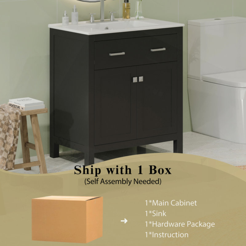 Meuble-lavabo de 30 po avec lavabo en céramique, armoire de salle de bain simple moderne avec 2 portes et une tablette, portes à fermeture douce