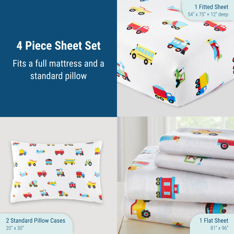 Ensemble de draps en flanelle Wildkin - 100% coton, draps doux et confortables - trains, avions et camions