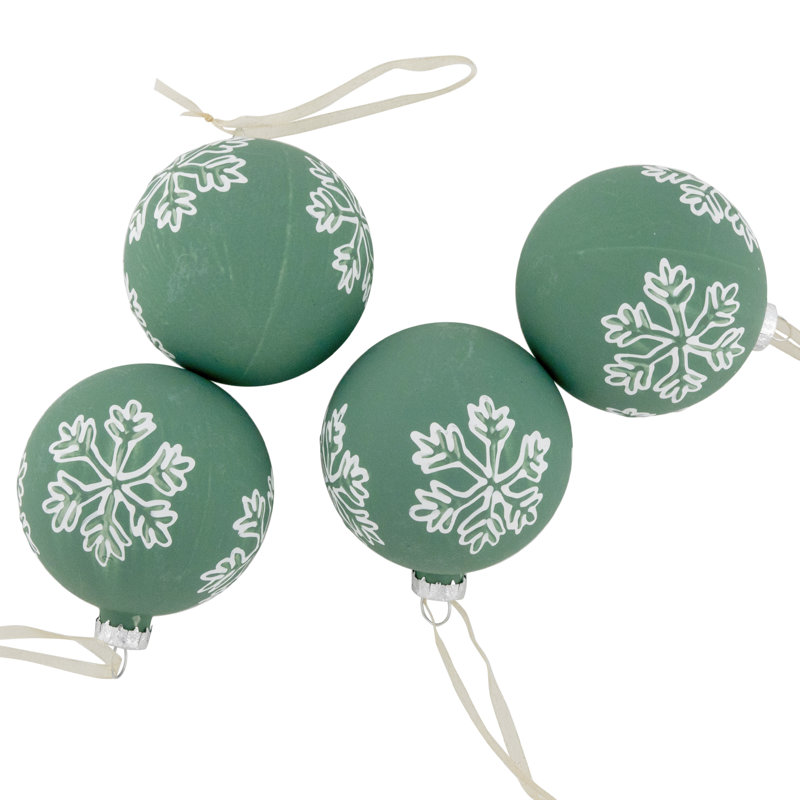 Boule de Noël verte en verre avec flocons de neige blancs 3 po