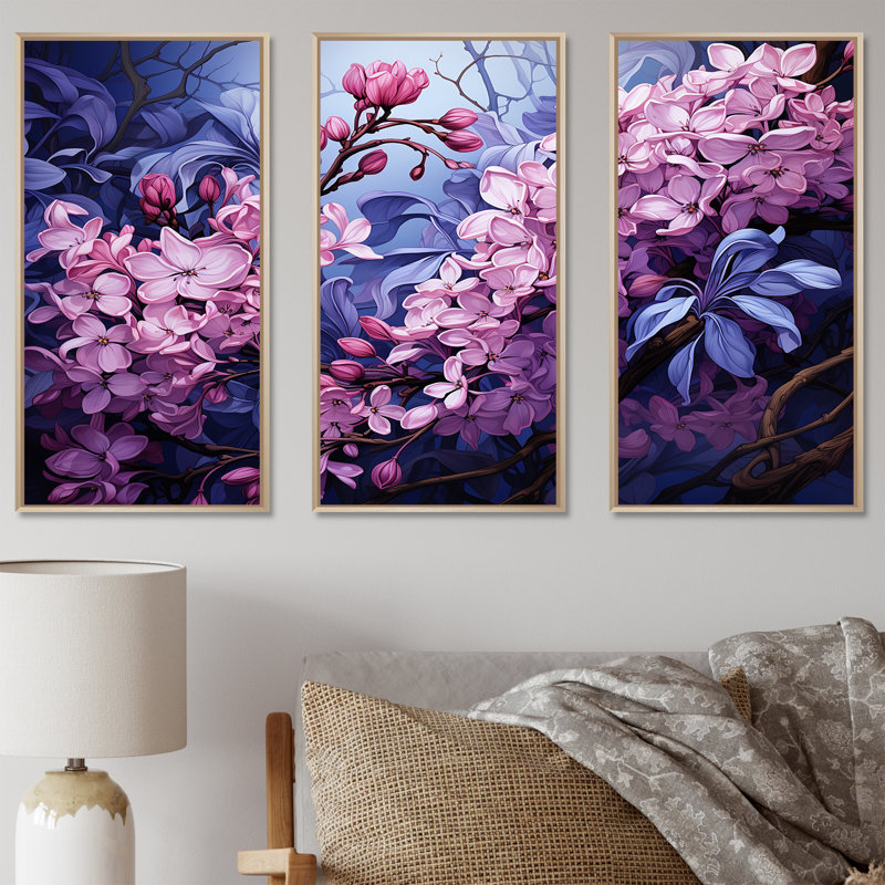 Fleurs lilas en pleine gloire I - ensemble d'art mural sur toile lilas, Cadre naturel flottant, H 40 po x l 60 po x P 1 po