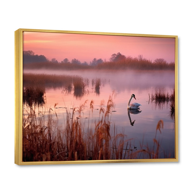 Bellamae, cygnes roses au coucher du soleil, reproduction sur toile, Cadre flottant doré, H 24 po x l 32 po x P 1 po