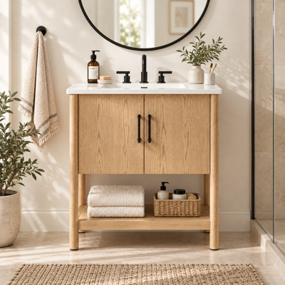 Meuble-lavabo autoportant de 76 cm (30 po) avec lavabo intégré en surface solide, armoire en placage de chêne blanc, pieds en bois massif, tablette ouverte, portes à fermeture amortie, meuble entièrement assemblé