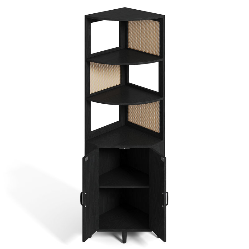 69.7’’H X 17.7’’ W Rattan And Wood Fan-Shaped Storage Bookcase With Doors, 3-Tier Corner Shelf With Cabinet, Black