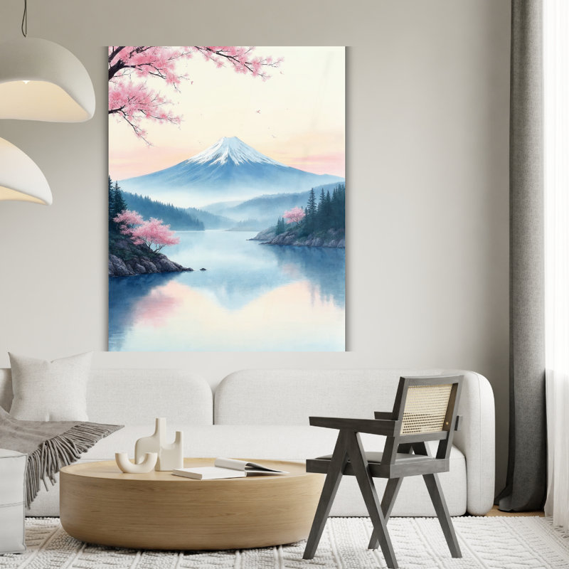 Tableau mural en verre trempé du lac aux cerisiers en fleurs du mont Fuji, H 36 po x l 24 po