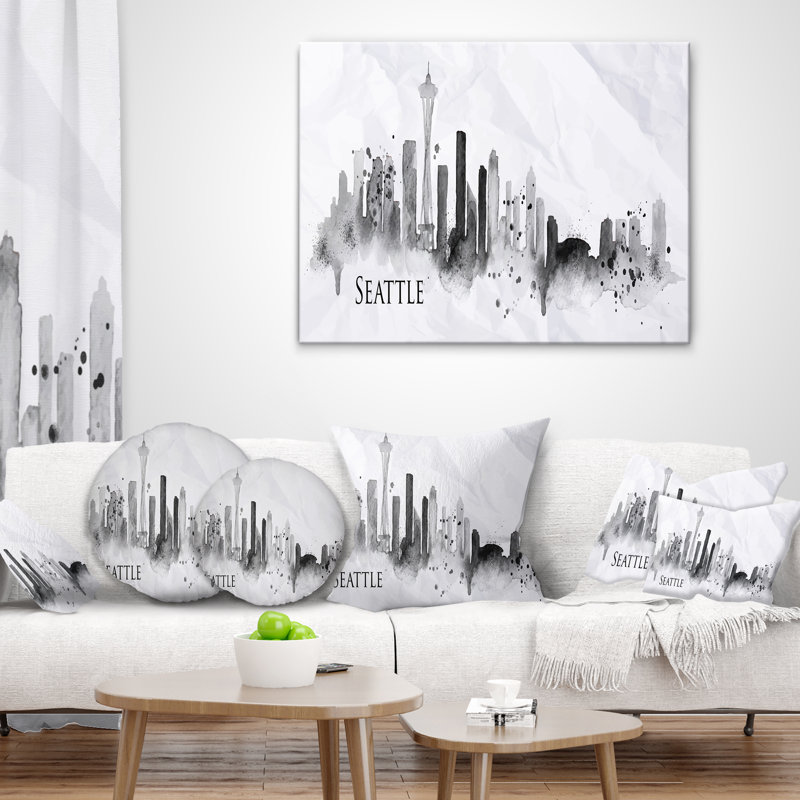 Coussin de silhouette cityscape, peinture seattle, Gris