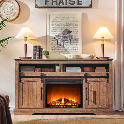 Meuble télé Hirschman de 60 po avec minuterie, console média en bois avec porte de grange coulissante, tablette réglable