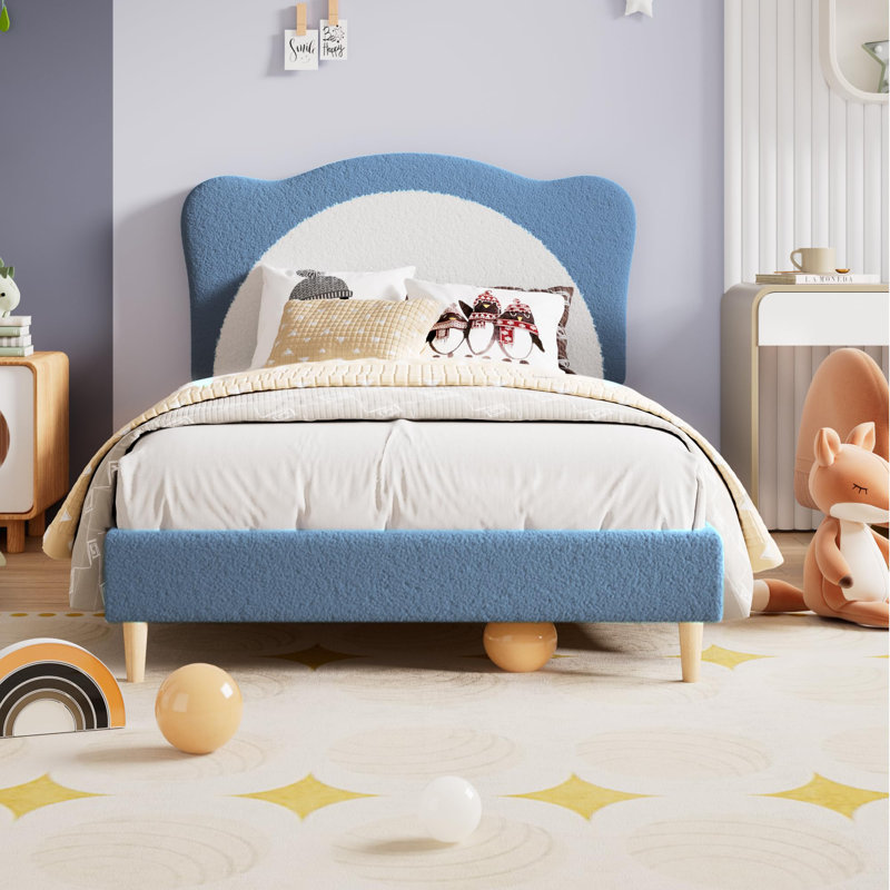 Full Upholstered Bed Frame with Panda-Shaped Headboard, Berber Fleece Platform Bed for Girls & Boys, Blue