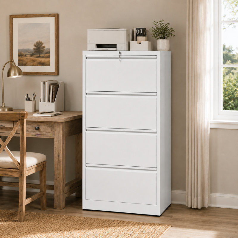 Classeur latéral Bizoe à 4 tiroirs avec serrure, blanc, en métal, pour bureau à domicile, grand classeur horizontal en acier pour dossiers suspendus aux formats Lettre, Légal, A4 et F4, système de verrouillage anti-basculement.