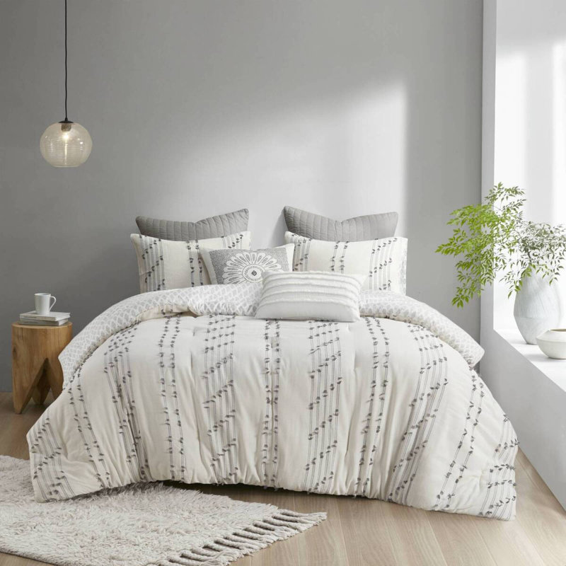Ensemble d'édredon élégant en jacquard ivoire et gris pour lit double / grand