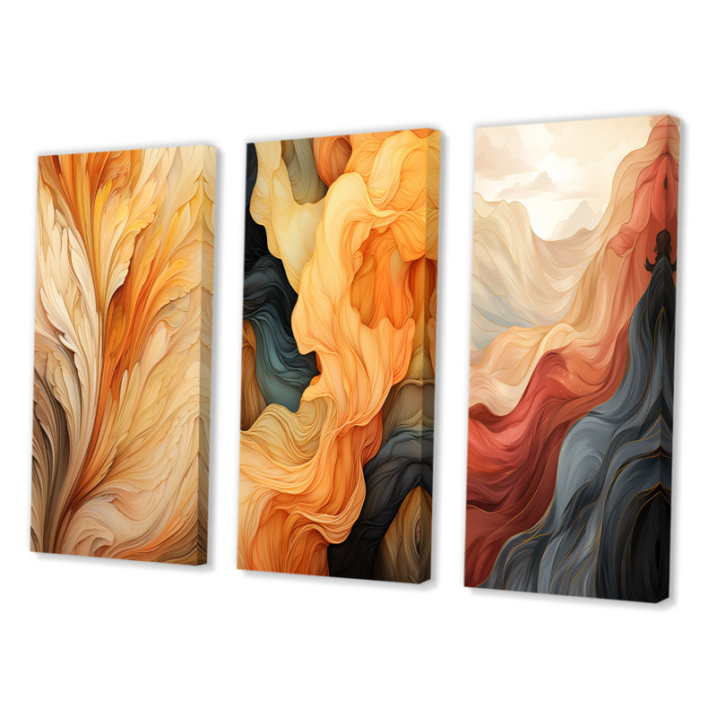 " Vintage Orange Ornamental Wave Elegance " 3 - Pieces, Wrapped Canvas, 40" H x 60" W