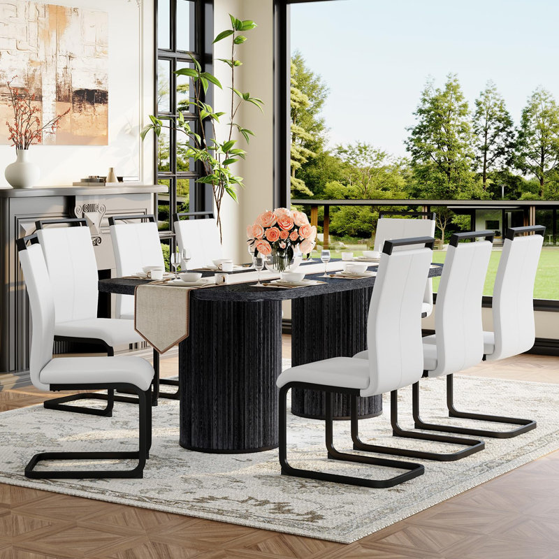 Ensemble de table de salle à manger de 79 po pour 8 personnes, grand ensemble de table de salle à manger pour 8 personnes avec base à double piédestal cannelée et chaises rembourrées
