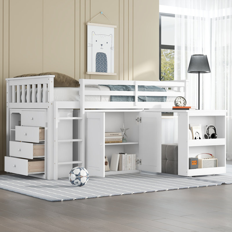 Lit mezzanine simple avec armoire de rangement, armoire à tiroirs et à tablettes et bureau coulissant, lit mezzanine en bois d'hévéa avec barrière de sécurité, échelle, blanc