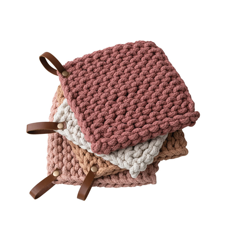 Set of 4 Multicolor Crocheted Cotton Potholders with Leather Loop